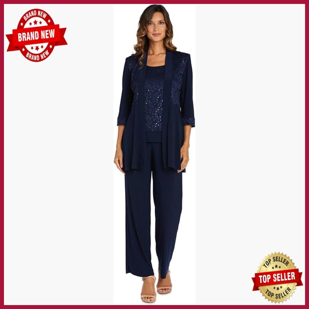 Glitter Lace Pantsuit Formal Set with Mock Jacket & Straight Leg Pants